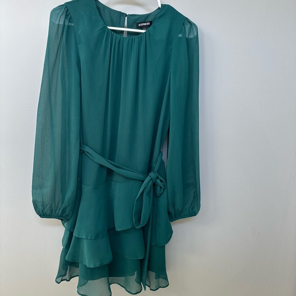 EXPRESS Long Sleeve Tie Waist Tiered Ruffle Fit And Flare Dress Small Green - Picture 10 of 14